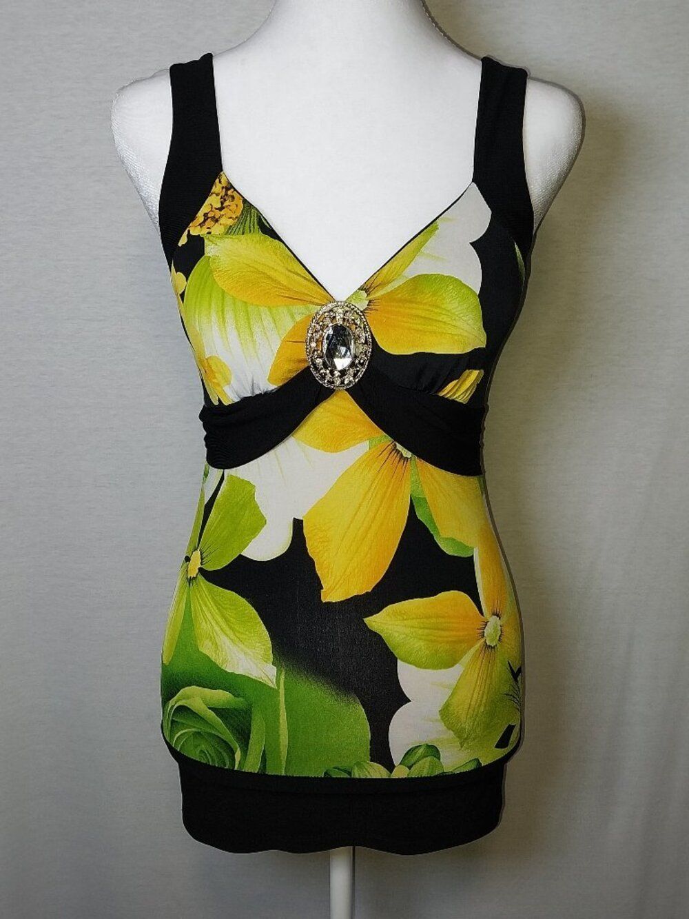 Vintage Gidani Womens Small Y2K  Black Yellow Green Floral Tank Top